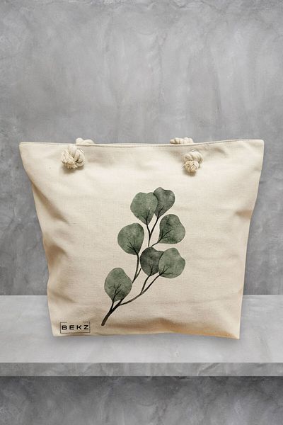 BEKZ Geanta de plaja, model Watercolor Leaves, 40x51 cm, Crem, BEKZ®