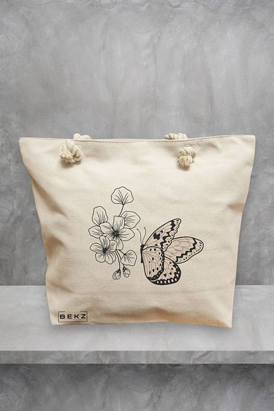 BEKZ Geanta de plaja, model Minimalist Butterfly, 40x51 cm, Crem, BEKZ®