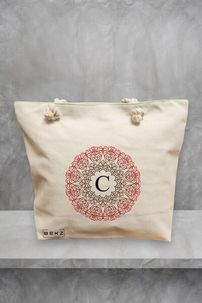 BEKZ Beach Tote Bag, With letter C and Mandala, 40x51 cm, Cream, BEKZ®