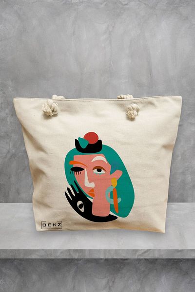 BEKZ Geanta de plaja, model Abstract face, 40x51 cm, Crem, BEKZ®