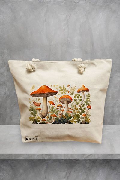 BEKZ Geanta de plaja Colorful Mushrooms 12, 40x51 cm, Crem, BEKZ®