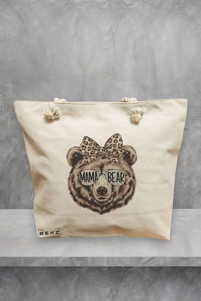 BEKZ Geanta de plaja, model Mama Bear, 40x51 cm, Crem, BEKZ®