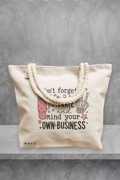 BEKZ Geanta de plaja, model Don’t forget to hydrate and mind your own business, 40x51 cm, Crem, BEKZ®