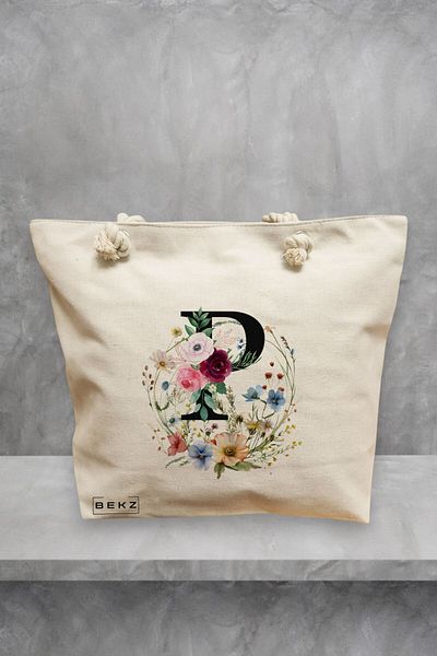 BEKZ Geanta de plaja, Cu litera P in Coronita Florala, 40x51 cm, Crem, BEKZ®