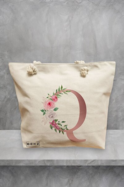 BEKZ Geanta de plaja, Cu litera Q Rose Gold si Trandafiri, 40x51 cm, Crem, BEKZ®
