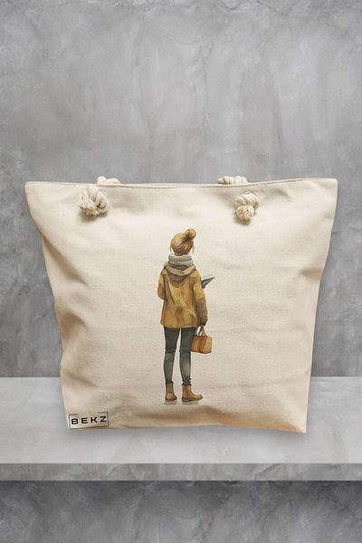 BEKZ Geanta de plaja, model The bookie girl 23, 40x51 cm, Crem, BEKZ®