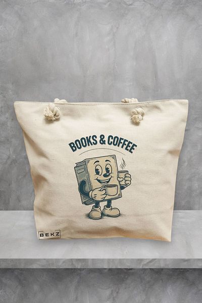 BEKZ Geanta de plaja, model Books & Coffee, 40x51 cm, Crem, BEKZ®