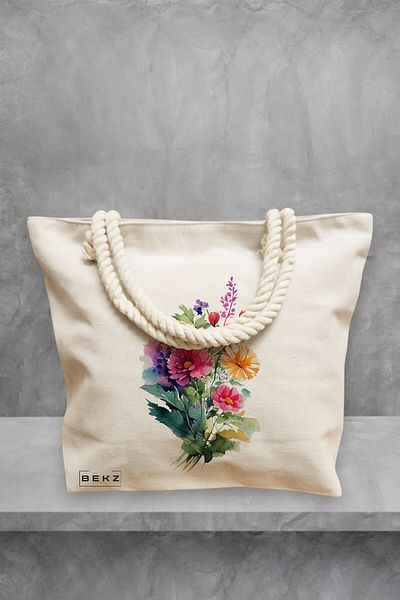 BEKZ Geanta de plaja, model The Bouquet, 40x51 cm, Crem, BEKZ®