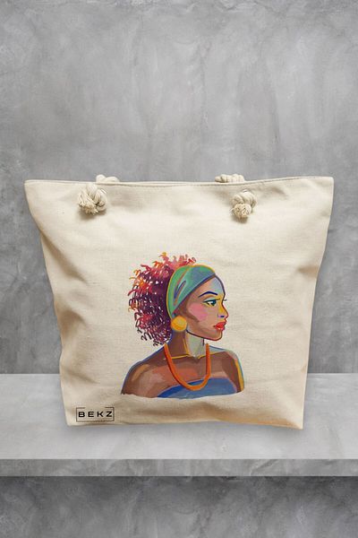 BEKZ Geanta de plaja, model Portret Vibrant 4, 40x51 cm, Crem, BEKZ®
