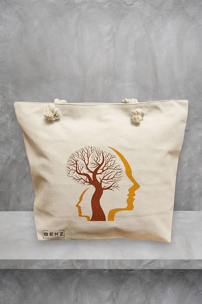 BEKZ Geanta de plaja, model Tree and Faces, 40x51 cm, Crem, BEKZ®