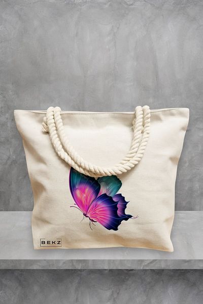 BEKZ Geanta de plaja, model Colorful Butterfly, 40x51 cm, Crem, BEKZ®