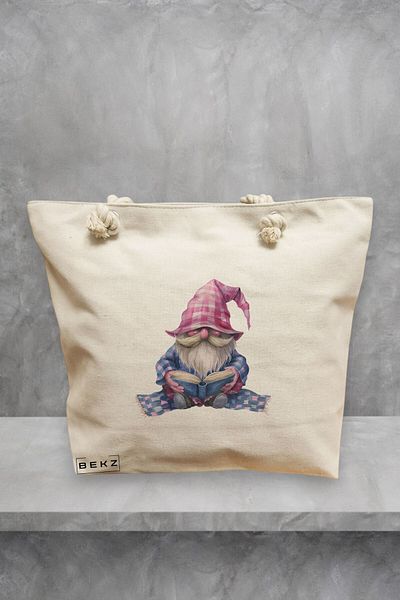 BEKZ Geanta de plaja, model The Bookish Gnome 12, 40x51 cm, Crem, BEKZ®