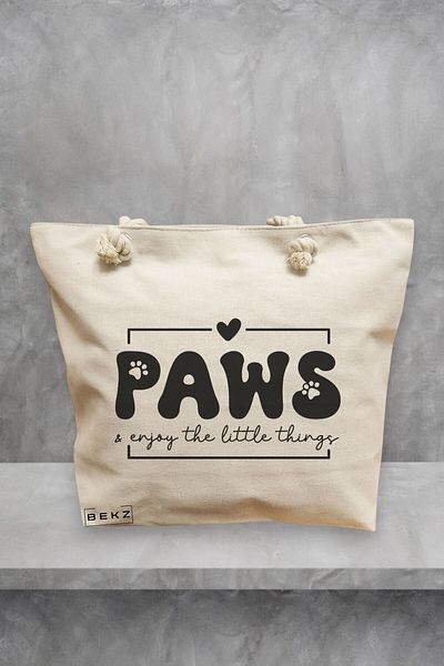 BEKZ Geanta de plaja, model Paws enjoy the little things, 40x51 cm, Crem, BEKZ®