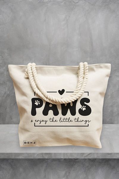 BEKZ Geanta de plaja, model Paws enjoy the little things, 40x51 cm, Crem, BEKZ®