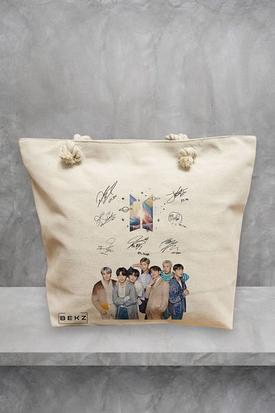 BEKZ Geanta de plaja, model BTS Army 9 cu semnaturii, 40x51 cm, Crem, BEKZ®