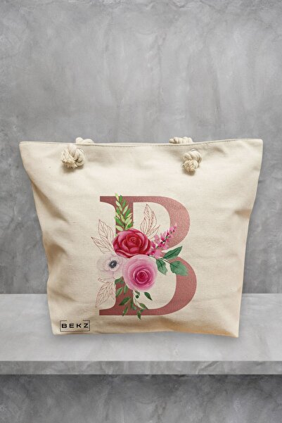 BEKZ Geanta de plaja, Cu litera B Rose Gold si Trandafiri, 40x51 cm, Crem, BEKZ®