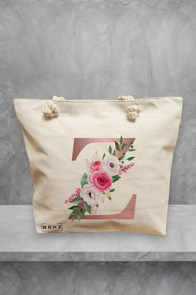 BEKZ Geanta de plaja, Cu litera Z Rose Gold si Trandafiri, 40x51 cm, Crem, BEKZ®