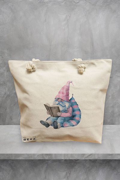 BEKZ Geanta de plaja, model The Bookish Gnome 3, 40x51 cm, Crem, BEKZ®