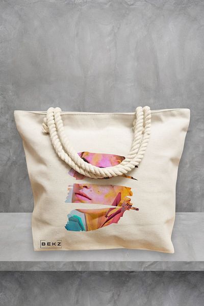 BEKZ Geanta de plaja, model Fragmented Art, 40x51 cm, Crem, BEKZ®