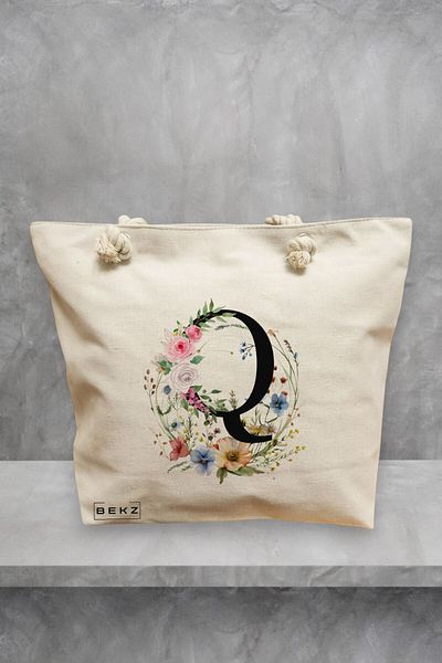BEKZ Geanta de plaja, Cu litera Q in Coronita Florala, 40x51 cm, Crem, BEKZ®