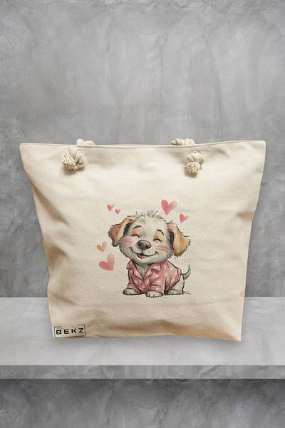 BEKZ Geanta de plaja, model Happy Puppy in love, 40x51 cm, Crem, BEKZ®