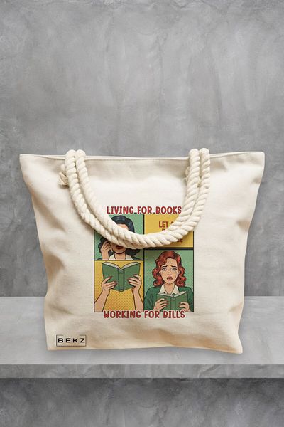 BEKZ Geanta de plaja, model Living for books, working for pills, 40x51 cm, Crem, BEKZ®