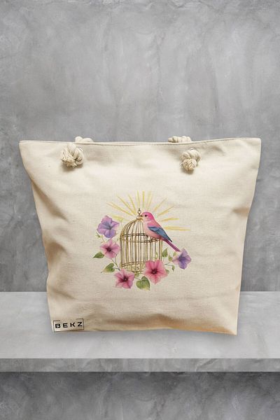BEKZ Geanta de plaja, model Birdcage Blossom, 40x51 cm, Crem, BEKZ®