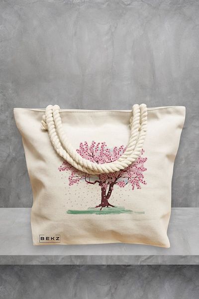 BEKZ Geanta de plaja, model Watercolor Tree, 40x51 cm, Crem, BEKZ®