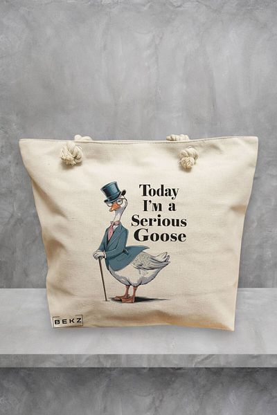 BEKZ Geanta de plaja, model Today I’m a serious goose, 40x51 cm, Crem, BEKZ®