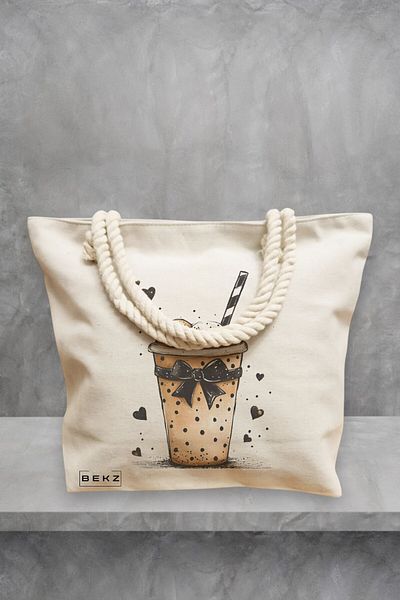 BEKZ Geanta de plaja, model Caffeine lover 2, 40x51 cm, Crem, BEKZ®