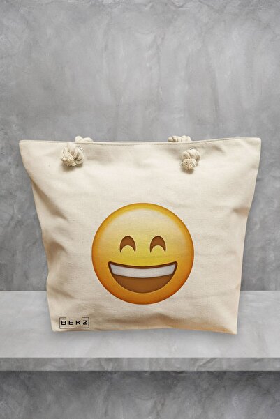 BEKZ Τσάντα θαλάσσης, μοντέλο Happy Emoji, 40x51 εκ., Κρεμ, BEKZ®