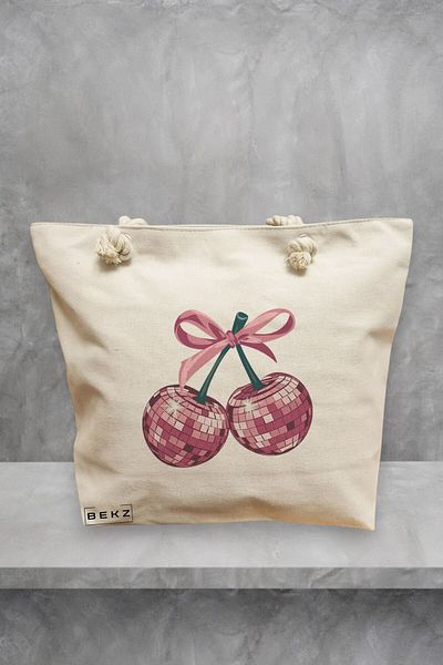 BEKZ Geanta de plaja, model Cherry blinks, 40x51 cm, Crem, BEKZ®