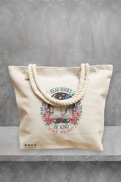 BEKZ Geanta de plaja, model Read Books Be Kind Stay Weird, 40x51 cm, Crem, BEKZ®