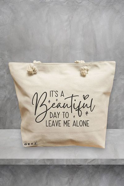BEKZ Geanta de plaja, model It’s a Beautiful day to leave me alone, 40x51 cm, Crem, BEKZ®