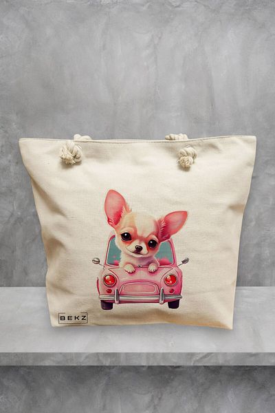 BEKZ Geanta de plaja, model Chihuahua the Driver, 40x51 cm, Crem, BEKZ®