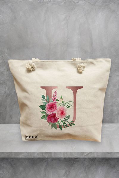 BEKZ Geanta de plaja, Cu litera U Rose Gold si Trandafiri, 40x51 cm, Crem, BEKZ®