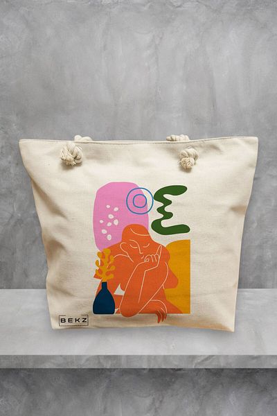BEKZ Geanta de plaja, model Contemplatie Abstracta, 40x51 cm, Crem, BEKZ®