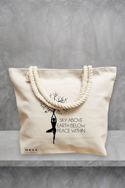 BEKZ Geanta de plaja Yoga Sky above earth peace within, 40x51 cm, Crem, BEKZ®