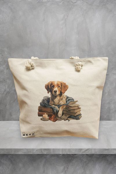 BEKZ Geanta de plaja, model Reading puppy 13, 40x51 cm, Crem, BEKZ®