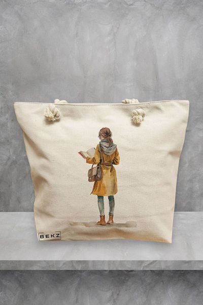 BEKZ Geanta de plaja, model The bookie girl 22, 40x51 cm, Crem, BEKZ®