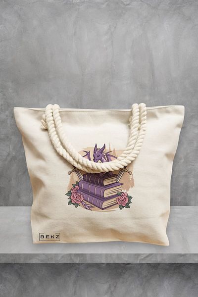 BEKZ Geanta de plaja, model Dragon Books, 40x51 cm, Crem, BEKZ®