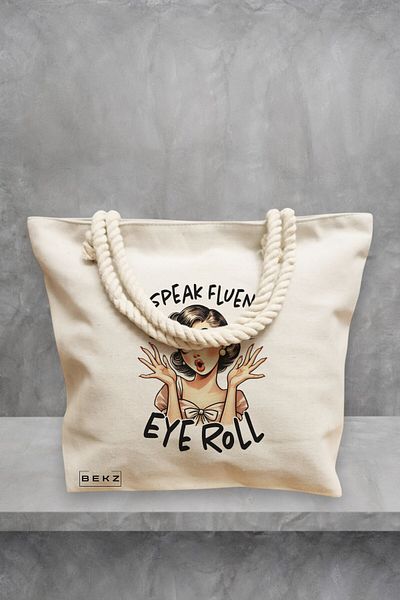 BEKZ Geanta de plaja, model I speak fluent eye roll, 40x51 cm, Crem, BEKZ®