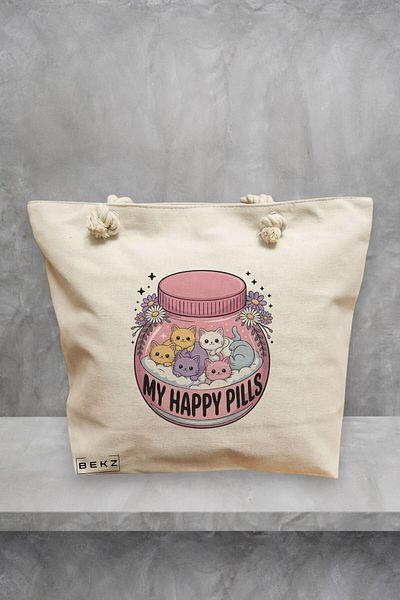BEKZ Geanta de plaja, model My happy pills, 40x51 cm, Crem, BEKZ®
