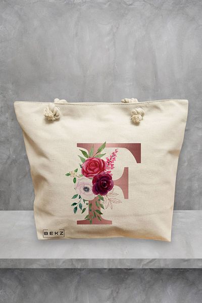 BEKZ Geanta de plaja, Cu litera F Rose Gold si Trandafiri, 40x51 cm, Crem, BEKZ®
