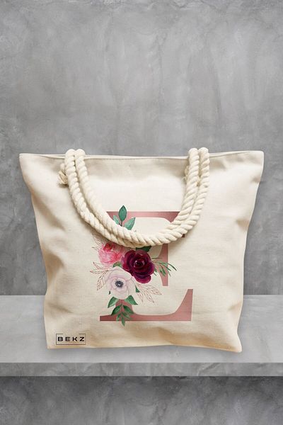 BEKZ Geanta de plaja, Cu litera E Rose Gold si Trandafiri, 40x51 cm, Crem, BEKZ®