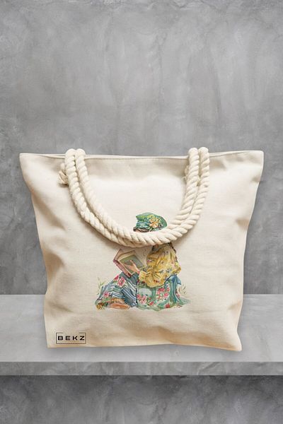 BEKZ Geanta de plaja, model The bookie girl 38, 40x51 cm, Crem, BEKZ®