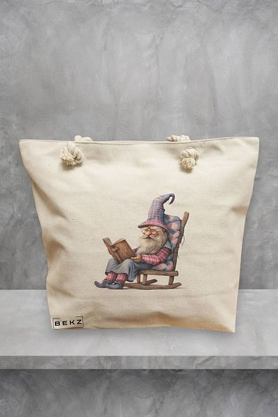 BEKZ Geanta de plaja, model The Bookish Gnome 8, 40x51 cm, Crem, BEKZ®