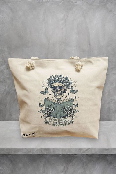 BEKZ Geanta de plaja, model Dead inside but books help, 40x51 cm, Crem, BEKZ®