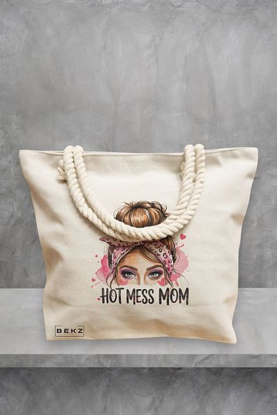 BEKZ Geanta de plaja, model Hot mess mom, 40x51 cm, Crem, BEKZ®