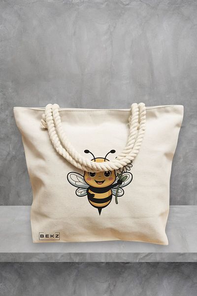 BEKZ Geanta de plaja, model Happy bee, 40x51 cm, Crem, BEKZ®